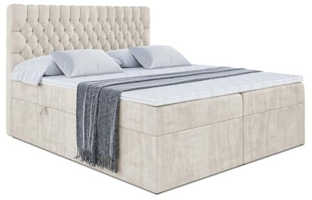 ALTDECOR Boxspringbett mit Multipocket-Matratze H4 (20 cm hoch) mit PUR+Kokosmatte, Topper (4 cm hoch), Polsterbett mit Kopfteil und Bettkasten - Daisy - 140x200 - Beige Samt