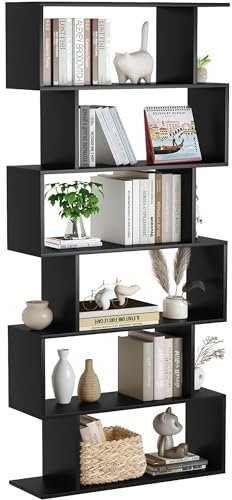 Yusong Bookshelf 6-Tier, Geometric Bookcase S Shaped Book Shelves for Bedroom, Modern Wood Decorative Display Shelf Tall Book Case for Home Office, Black
