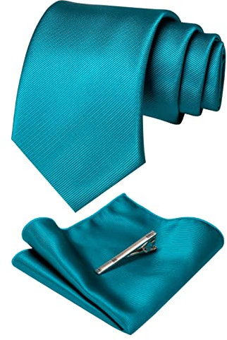 JEMYGINS Seide Krawatte Krawatten und Einstecktuch mit krawattenklammer Set für Herren Seidenkrawatten Hochzeit Schlips,pfauenblau