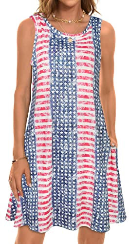 elescat Robe d'été décontractée à manches courtes pour femme - Grande taille - Motif floral, Drapeau à rayures USA, M