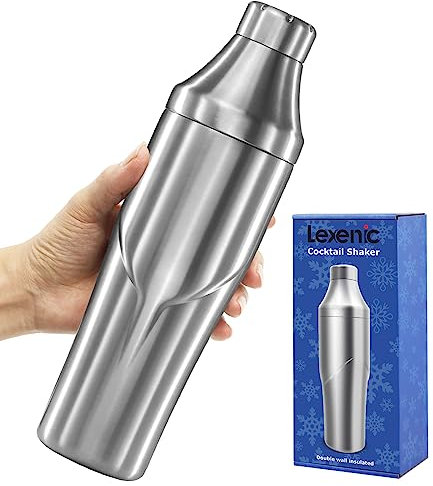 Lexenic Shaker à cocktail de 710 ml – Double paroi isotherme pour garder les boissons au frais – Couvercle torsadé anti-coincement, étanche et passoire intégrée – Parfait pour bar à domicile – Shaker
