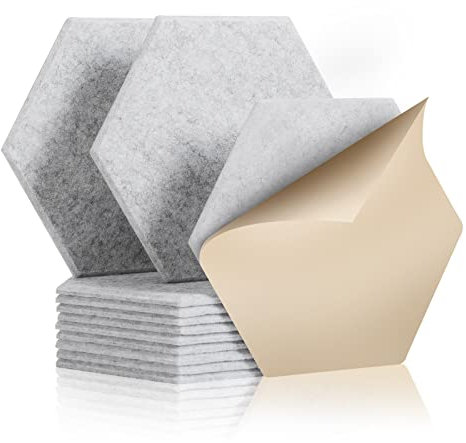 Rdutuok 12 Stück Selbstklebend Akustik Panel,30x26x1cm Hexagon Akustik Absorber Schallschutzplatten Akustikpaneele Wand für Tonstudio, Büro,Studio und Wanddekoration(Silbergrau)