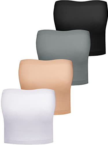 4 Stück Damen Nahtlose Bandeau BHS Dehnbare Ungepolsterte Trägerlose Bralette BHS (as3, Alpha, x_l, Regular, Regular, Schwarz, Hautfarbe, Weiß, Grau)