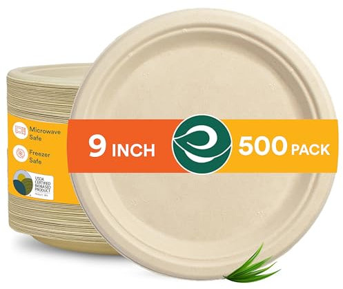 ECO SOUL 100% Compostable 9 Inch Paper Plates 500 [4x125 Pc] Disposable Heavy Duty Eco-Friendly Sturdy Dinner, Wedding, Event Plates I Biodegradable Unbleached Sugarcane Eco Plates