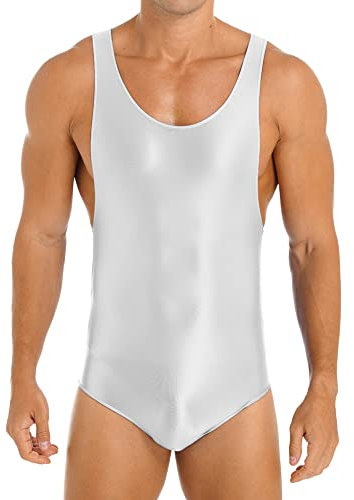 iEFiEL Herren Öl Body Ärmellose Einteiler Bodysuit Shiny Catsuit Overall Sportbody Gymnastikanzug Unterhemd Reizwäsche Weiß XL