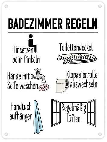 Badezimmer Regeln für ein hygienischeres Bad Metallschild in 15x20 cm Blechschild für die Toilette mit den wichtigsten Regeln für das Klo für ein sauberes WC mit Grafiken