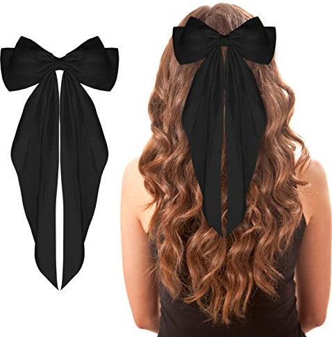 WLLHYF Haarspangen mit großer Schleife, langer Schwanz, französisches Band, Haarnadeln, weiche, seidige Satin-Haarspange, Metall-Bogenknoten-Clips für Party, Frauen, Mädchen (Schwarz)