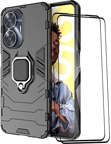 ESTH® Funda para Realme C55 4G con 2 Piezas Protector de Pantalla, Giratorio Soporte de 360°, Compatible con Soporte Magnético para Coche, Carcasa Negro