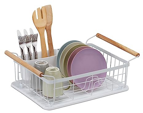 Relaxdays Abtropfgestell, mit Besteckkorb, HBT: 18x48,5x31,5 cm, Geschirrtrockner für Teller, Tassen, Schalen, weiß, 50% Eisen, 18 x 48,5 x 31,5 cm