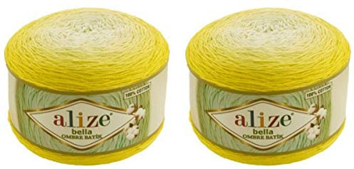 2 x 250 g Alize Bella Batik Ombre Strickwolle Farbverlauf, 500 Gramm Strickgarn 100% Baumwolle, Farbverlaufswolle (gelb 7414)