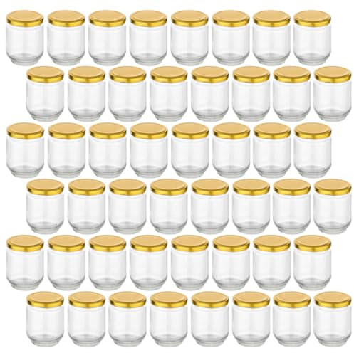 gouveo Juego de 48 tarros de conserva de 190 ml redondos con tapón de rosca color dorado - Frascos pequeños con tapa de rosca - Tarros con tapa de rosca para conservar y almacenar (EGR190G)