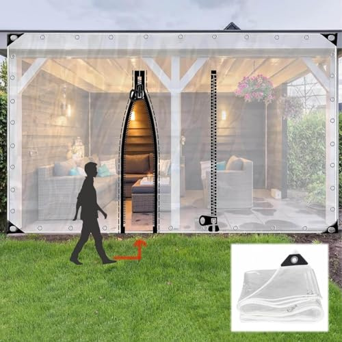 Tende Telone Trasparenti Impermeabili,Pannelli Laterali in Teloni Pvc Trasparente Per Esterni Con Porta a Cerniera,Telo Copertura Con Occhielli,Per Pergola Gazebo Giardino,L×H-1.8×2m(5.9*6.6ft)