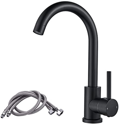 F-DEEN Rubinetto Lavello Cucina in Acciaio Inox e Ottone, Girevole a 360°,Miscelatore Lavello Monocomando Lavello Acqua Fredda-Calda per Cucina e Lavello, Nero