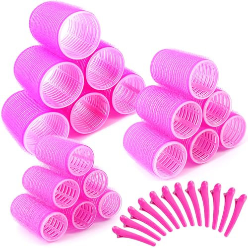 Qufiiry 48 Pièces Ens Bigoudis Cheveux, Bigoudis, Rouleaux de Cheveux avec Pinces à Cheveux avec 3 Diamètres 45 mm, 35mm, 25mm, pour Self Grip Salon Coiffure, pour Cheveux Courts et Longs (Rose)