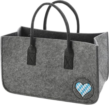 Kaminholz Filztasche Heimatliebe Bayern, grau mit Herz Stickerei 48x28 cm - Kaminholztasche, Heimat Kaminholzkorb, Feuerholzkorb, Brennholz Aufbewahrungskorb