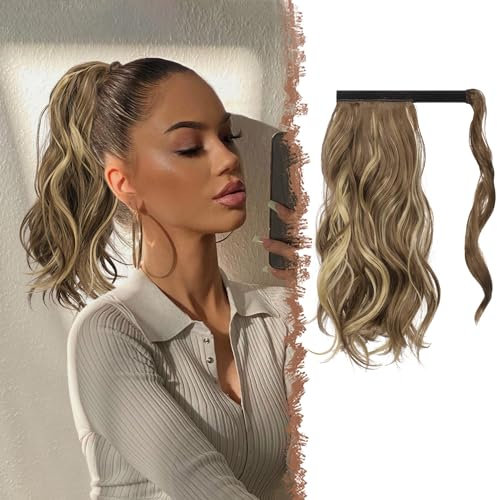 FESHFEN Wellen Pferdeschwanz Haarteil 35 cm Natürlich Lockig Pferdeschwanz Verlängerung Zopf Hellbraun & Blond Synthetik Haarverlängerung Wrap Around Ponytail Haare Extension für Damen