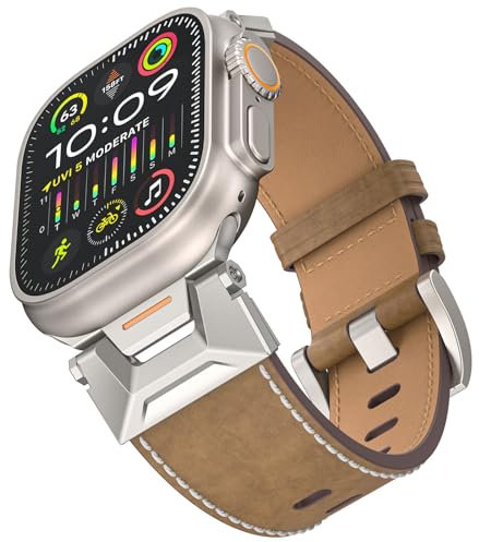 ALFARAY Compatibile con Cinturino Apple Watch Ultra 1 2 49mm, Pelle Cinturino con Connettore in Acciaio Inox per iWatch Series 10 46mm 9 8 7 45mm SE 6 5 4 44mm 3 2 1 42mm, Titano/Marrone Cammello