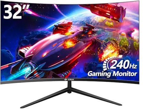 CRUA Gaming Monitor 32 inch 240Hz, Full HD 1080P Curved PC Screen, Moniteur 32 Pouces 1500R Frameless Curved Computer Monitor with FreeSync and Eye Care Technology, Supports VESA