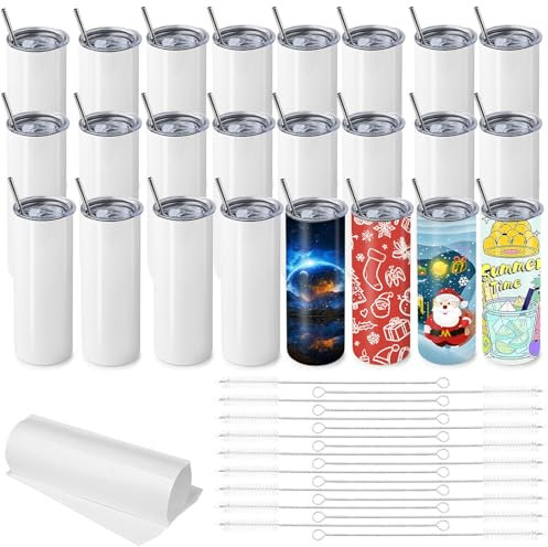 24 Pack Sublimation Tumblers 20 oz, White Skinny Straight Flat Bottom Blank Tumbler Cups, Stainless Steel Insulated Sublimation Tumbler with Lid and Straw for Heat Transfer DIY Craft, Individually Box