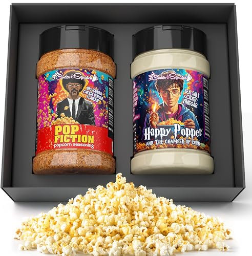 Popcorn Gift Set by Cinder & Squatch - Happy POPper & POP Fiction | Gourmet Popcorn Seasonings | Salt & Vinegar and Cheese Burger Flavourings For Popcorn | 2 Large Jars 360g