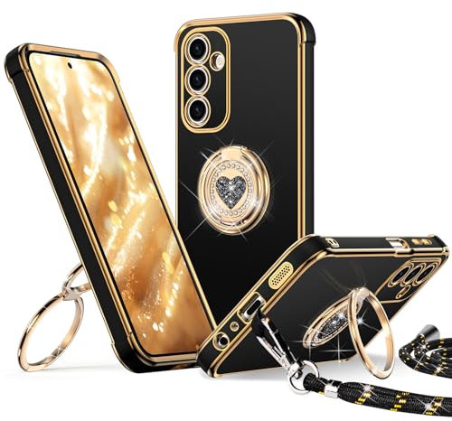 XYZ für Samsung Galaxy A16 5G Hülle mit Band, Herz Doppelring Ständer HandyHülle Handykette Frauen Mädchen Dünn Stoßfeste Anti-Kratzt SchutzHülle für Samsung A16 5G Case, Schwarz
