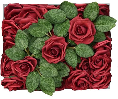Petalscentusia Artificial Roses 25 pcs Fake Roses with Stems and 20 Leaves Foam Latex for Wedding Bouquets, Valentine's Day, Home Décor, and Party Decorations (Wine Red Roses)