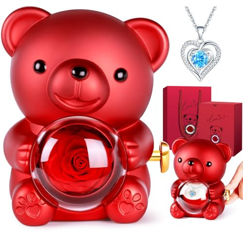 Aloskart Scatola regalo con orsacchiotto di rose eterne, con collana, rose, orso di rose, idea regalo per mamma, Natale, San Valentino, compleanno