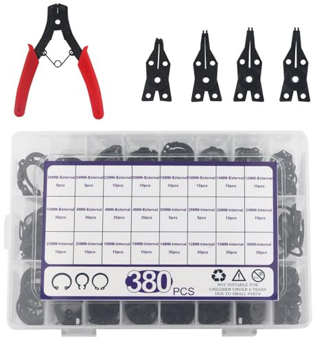 AOMIKITSTU Sprengring Set 380 Stück, M4-M26 Sprengringzange Außenringe, M8-M30 Innerer Ring, E Clip Sicherungsring, Sicherungsring, Sägeringe Zangenset, Federringe für Automobilanwendungen