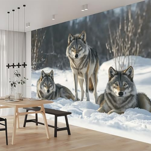 Papier Peint Panoramique 250 x 175 cm Animaux Loup NeigeThème, Blanc Gris Intissé Poster Tableaux Photo Muraux Utilisé Pour Salon Chambre Étude Salle à Manger Revêtement Murale