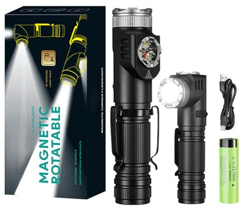 Multi-Function LED Flashlight with Magnetic Base, Taschenlampe mit Magnet, 90 Grad Taschenlampe LED Aufladbar, IP65 Wasserdichte Magnetische LED Taschenlampe für Camping, Outdoor (Mit Batterie)