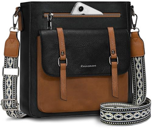 RAINSMORE Cross Body Bag Women Soft PU Leather Women's Cross-body Bags Medium Crossbody Bags for Women Handbags & Shoulder Bag with Adjustable Wide Straps Black and Brown