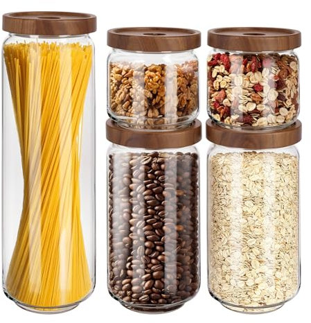 Mapille Vorratsgläser 5er Set mit Deckel Vorratsdosen Glas mit Holzdeckel Aufbewahrungsgläser mit Deckel Luftdicht für Gewürze Lebensmittel Zucker Nudeln Reis Mehl Pasta 430ml, 900ml, 1500ml