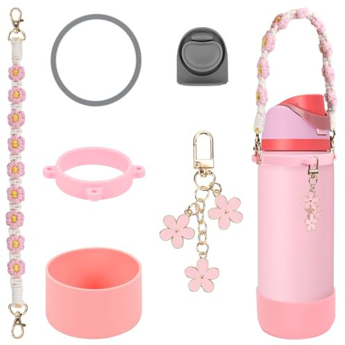 Comprehensive Compatible Owala Accessories Set: Silicone Boot for 24oz & 32oz Bottles, Water Bottle Handle Strap, Bottle Seal Ring, Replacement Stopper, Charms, Compatible Owala FreeSip(Pink, 32 oz)