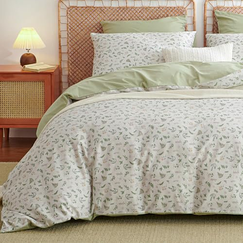 AShanlan Bettwäsche 200x200 Baumwolle Pflanzenmuster Grün Bettwäsche-Sets ÖKO-TEX Zertifiziert Weiß Grün Cotton Wendebettwäsche Bettbezug mit 2 Kissenbezug 80x80 cm Reißverschluss