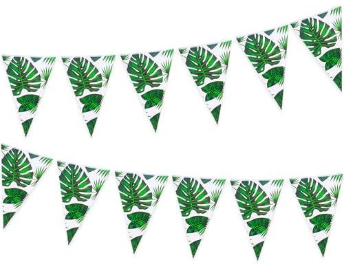 2Pack Tropical Palm Leaves Banner, Tropical Jungle Them Decorations Hawaiian Triangle Bunting Banner for Jungle Summer Cocktail Beach Birthday Party Decorations Supplies