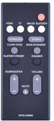 CLVIZCXOM FSR78 Fernbedienung passend für Yamaha ATS-1060 YAS-107 Soundbar | Kompatibel mit ATS-1070 YAS-207 NS-WSW42 ATS-2070 YAS-CU207 YAS-106 FSR78-ZV28960 Soundbar Modellen