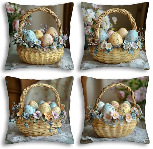 Kopfkissenbezug 40x40 4er Set Kissenbezug Ostern Smat Sofakissen Kissenhülle Flower Basket Dekorative Kissenbezug Sofakissen Zierkissenbezug Dekokissen Kissenbezüge für Sofa Bett Deko Wohnzimmer -5145
