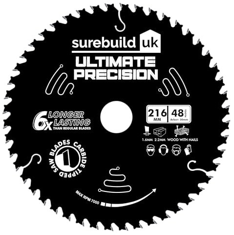 Surebuild UK Precision/Mitre Trimsaw Blade, Ultra Tough Nickel Cobalt Teeth, Wood Cutting, 216mm x 30mm Bore, 48 Teeth