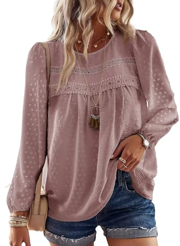 TUUHAW Top Femme Boho Col Rond Chemise Manches Longues Dentelle | Blouse Haut Chic et Élégant Chemise Automne, Tunique à Point Suisse, T-Shirts Mousseline Hauts Décontracté Loose