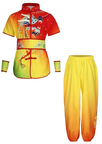 Yruioon Set sportivo per bambini e ragazzi Tai Chi uniforme cinese Kung Fu Shirt + pantaloni Wushu Cinese Kung Fu Wing Chun, D Rosso Giallo Verde, 134 cm-140 cm