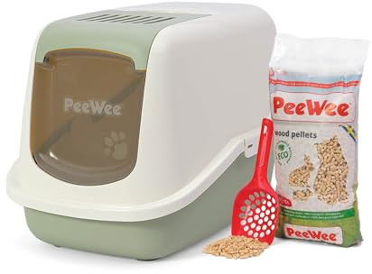 Katzentoilette PeeWee EcoHus Katzenklo mit Haube Katzen WC geschlossen inkl. 3kg Streu Holzpellets, Farbe: Salbeigrün-Creme