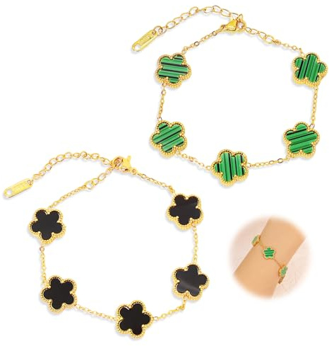 2 Stück Kleeblatt Armband,Vierblättriges Schmuck 18k Goldplattiertes Kette,Clover Bracelet,Glücksbringer Freundschaft Blumenarmband,für Van-Cleef Blumen Armband Damen und Mädchen Luxuriöses Modische