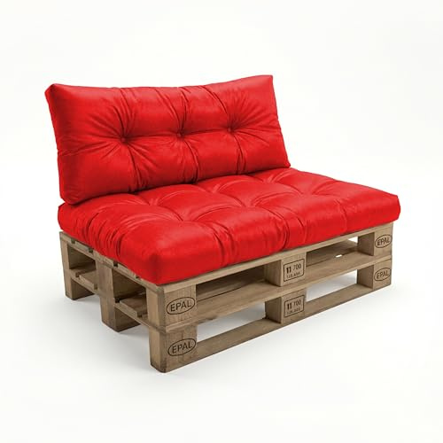 POKAR Palettenkissen 2er Set: Sitzkissen 120x80 + Rückenkissen 120x40 Wasserabweisend | Gesteppte Palettenauflage | Loungekissen für Palettensofa und Gartenmöbel | Oeko-TEX | Made in EU | Rot