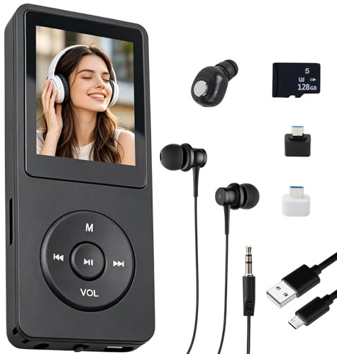 128GB MP3 Player Bluetooth 5.3 mit Lautsprecher, inkl. für Kinder Sport | mit 128GB Speicherkarte, 1,8 Zoll TFT Musikplayer mit FM Radio, Diktiergerät, E-Book, HiFi Klang, Kopfhörer, Mini MP3-Player