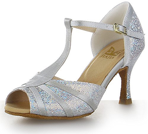JIAJIA Y20524 Latin Women's Sandals 2.95'' Flared Heel Super Satin with Sparkling Glitter Dance Shoes Silver, 5.5 UK / 39 EU
