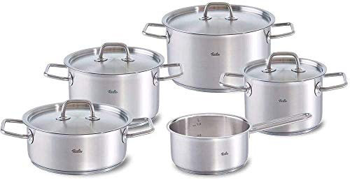 Fissler Berlin/Edelstahl-Topfset, 5-teilig, Kochtopf-Set, Töpfe mit Deckel, stapelbar, Abgießhilfe, Induktion, alle Herdarten (3 Kochtöpfe, 1 Bratentopf, 1 Stielkasserolle)