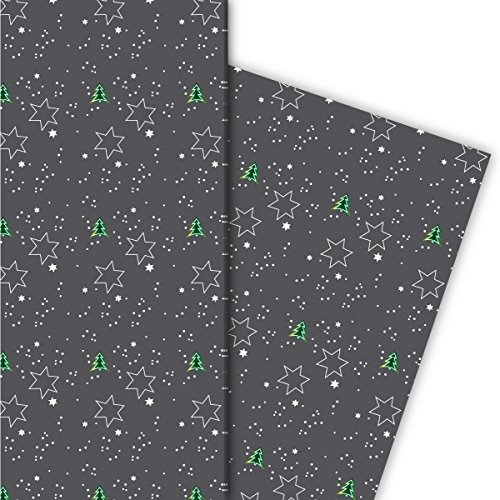 Edles Geschenkpapier Set (4 Bogen) | Dekorpapier mit Weihnachtsbäumen und Sternen, grau, für tolle Geschenk Verpackung und Überraschungen zu Nikolaus, Advent, Weihnachten u.v.m. 32 x 48cm