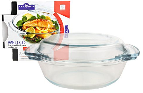 Van Well Premium Glas-Brat- und Backform 2,4 L mit Deckel – Runde Auflaufform Ø 23 cm – Hitzebeständiges Glas für Ofen und Mikrowelle