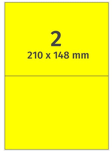 Farbige Etiketten auf A4 Bogen, neongelb - 210 x 148 mm - 200 Papier Aufkleber auf 100 Blatt, selbstklebende Laser-Etiketten fluorisierend leuchtfarbig