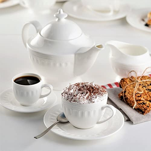 VILLA ITALIA Kaffeeservice Porzellan für 6 Personen Tassen - Set - Dessertteller - Kruge - Zuckerdose für Kaffee oder Tee MESIN White ES667